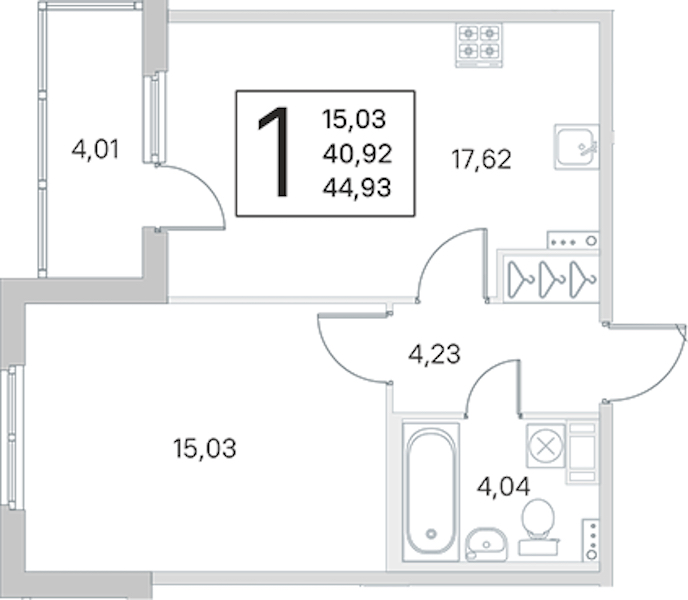1-комнатная квартира 40.92 м², 2/4 эт., ЖК «Любоград в Стрельне»
